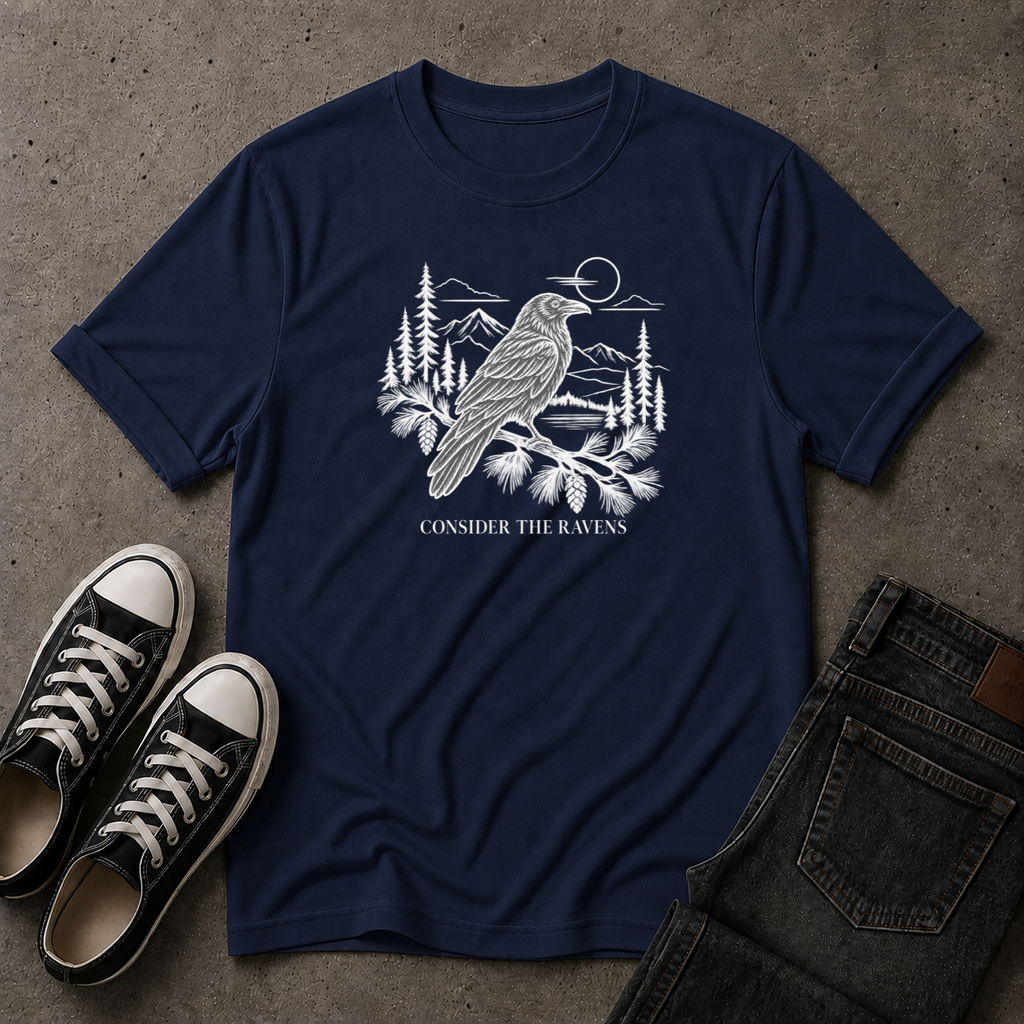 Consider the Ravens Christian T-Shirt – Luke 12:24 Scripture Tee (FRONT DESIGN)