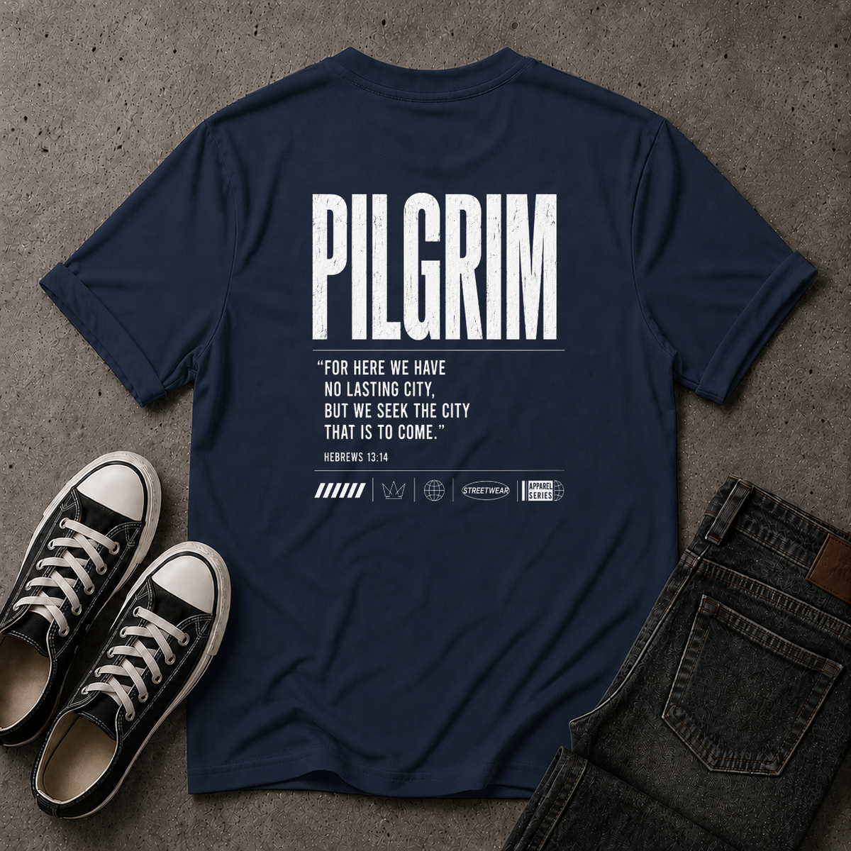 Pilgrim Christian T-Shirt – Hebrews 13:14 Scripture Tee (BACK DESIGN)