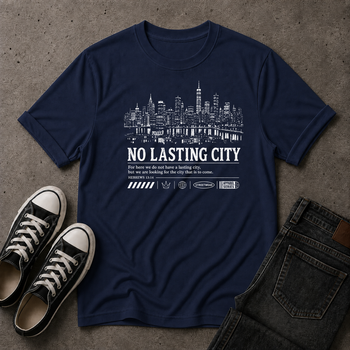 No Lasting City Christian T-Shirt – Hebrews 13:14 (FRONT DESIGN)