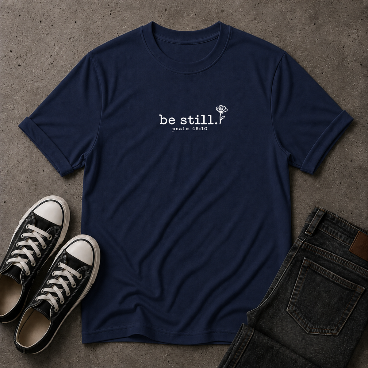 Be Still Christian T-Shirt – Psalm 46:10 Minimalist Scripture Tee (FRONT DESIGN)