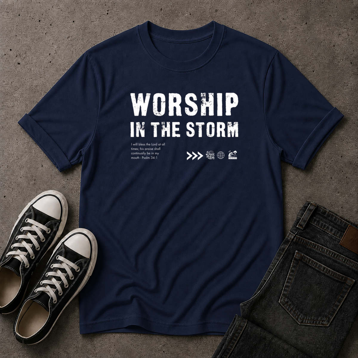 Worship in the Storm Christian T-Shirt – Psalm 34:1 (FRONT DESIGN)