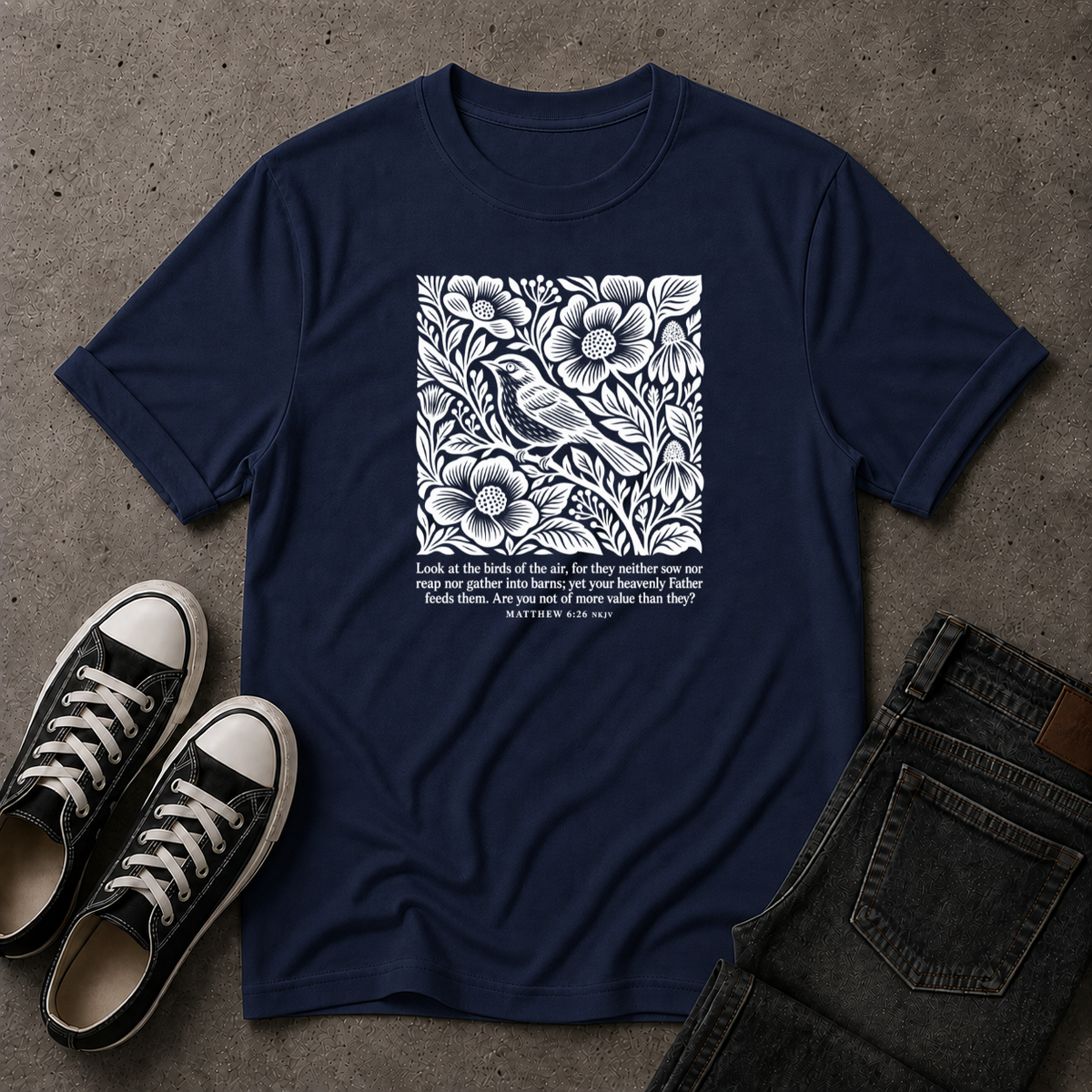Matthew 6:26 T-Shirt – Look at the Birds Christian Tee (FRONT DESIGN)