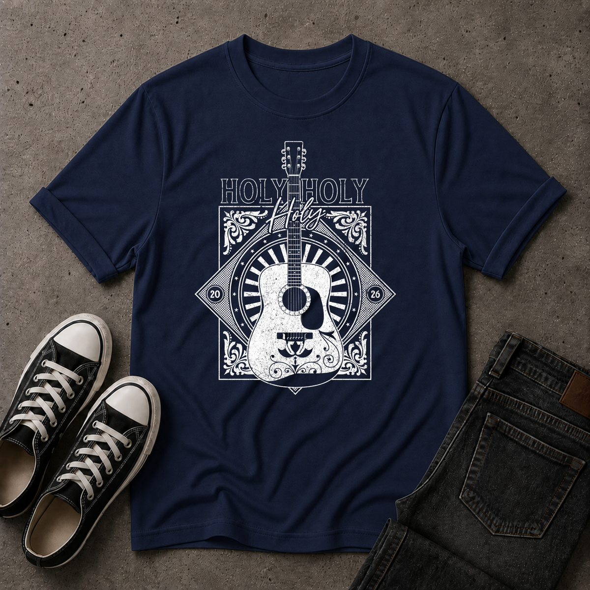 Holy Holy Holy Christian T-Shirt – Worship Guitar Faith Tee (FRONT DESIGN)