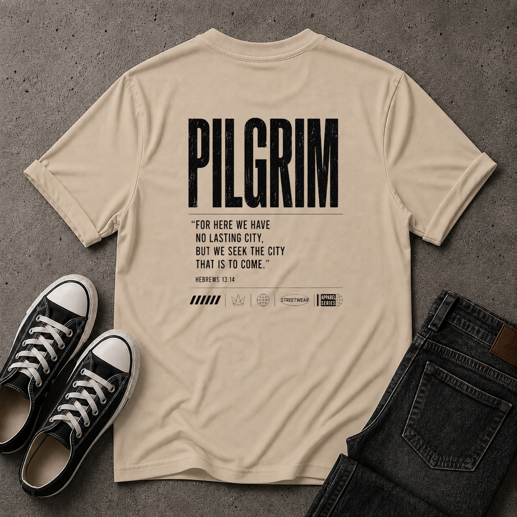 Pilgrim Christian T-Shirt – Hebrews 13:14 Scripture Tee (BACK DESIGN)