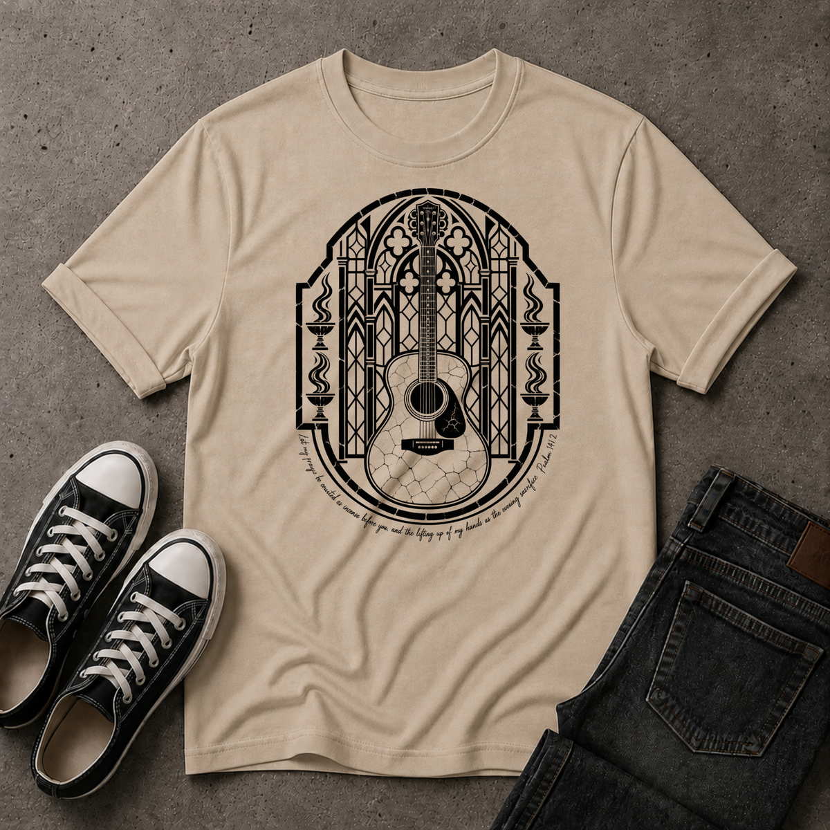 Christian Worship T-Shirt – Psalm 141:2 Guitar Scripture Tee (FRONT DESIGN)