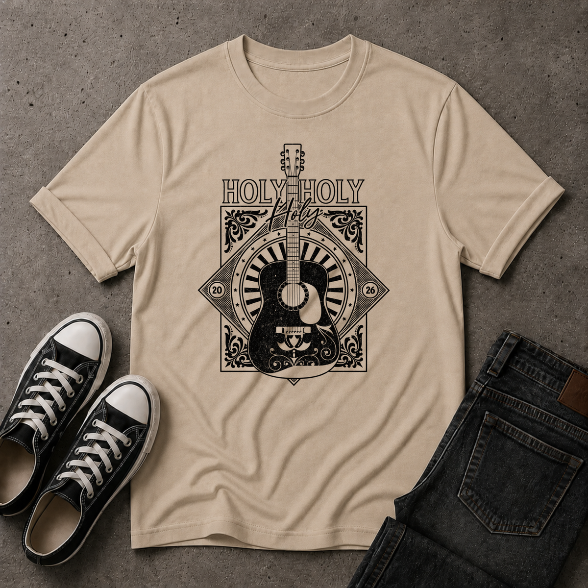 Holy Holy Holy Christian T-Shirt – Worship Guitar Faith Tee (FRONT DESIGN)
