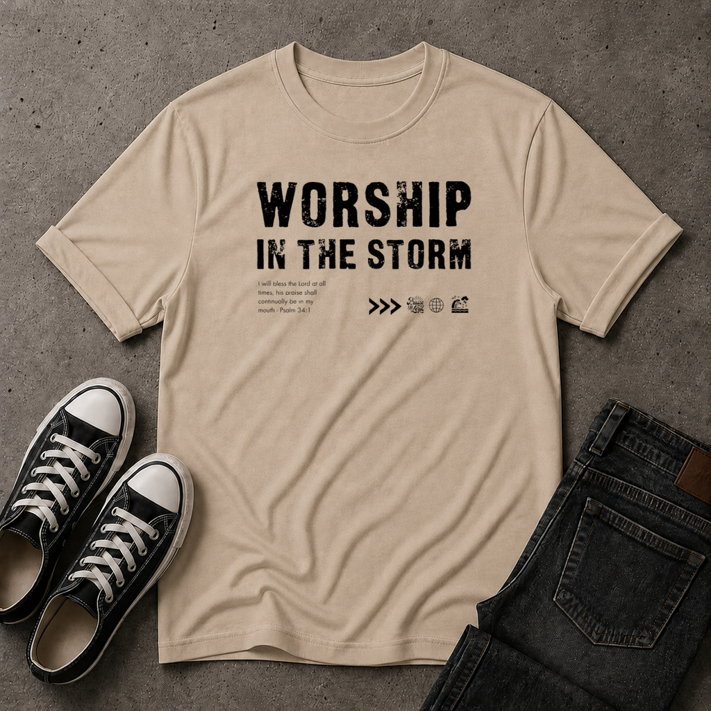 Worship in the Storm Christian T-Shirt – Psalm 34:1 (FRONT DESIGN)