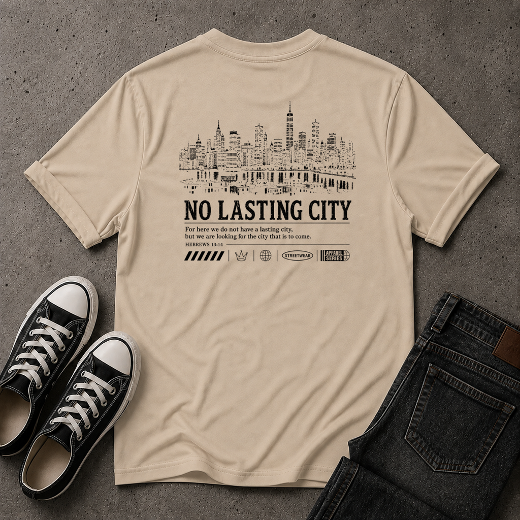 No Lasting City Christian T-Shirt – Hebrews 13:14 (BACK DESIGN)