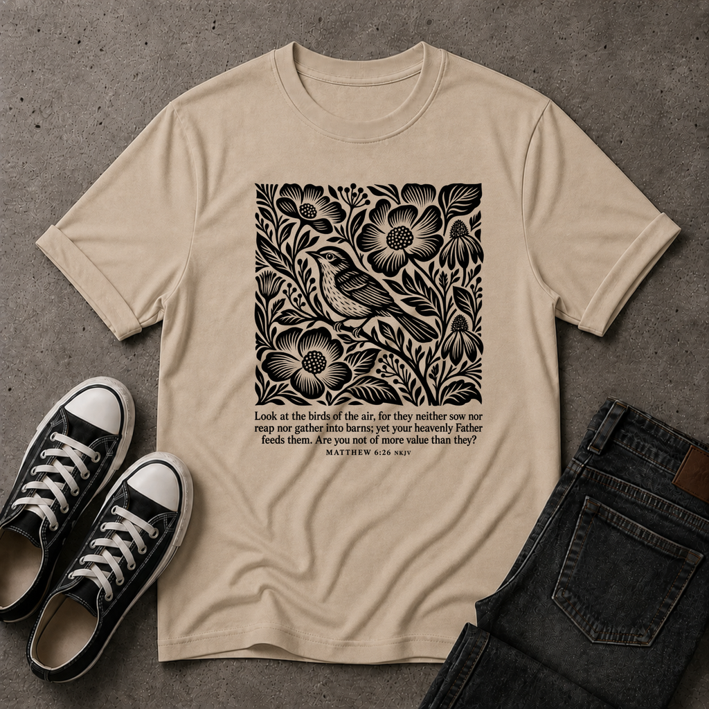 Look at the Birds Christian T-Shirt – Matthew 6:26 Scripture Tee (FRONT DESIGN)
