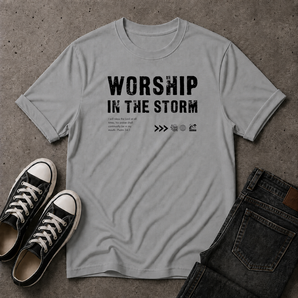 Worship in the Storm Christian T-Shirt – Psalm 34:1 (FRONT DESIGN)