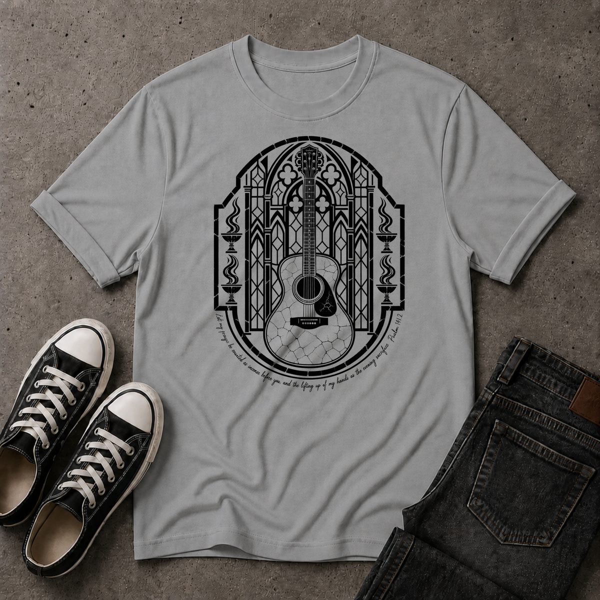 Christian Worship T-Shirt – Psalm 141:2 Guitar Scripture Tee (FRONT DESIGN)