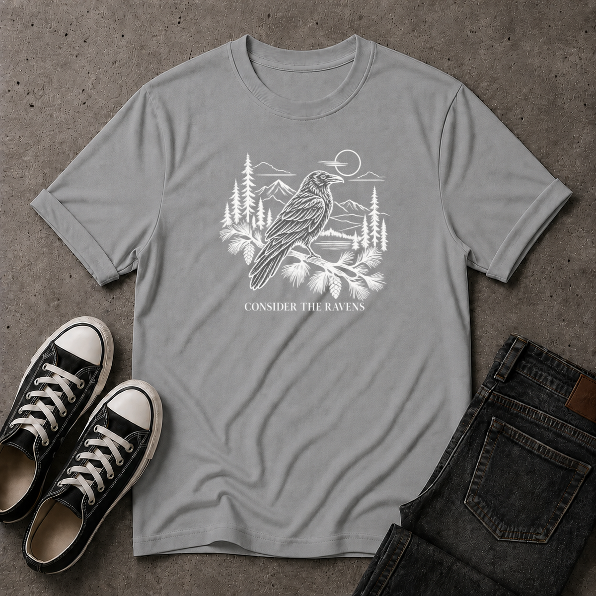 Consider the Ravens Christian T-Shirt – Luke 12:24 Scripture Tee (FRONT DESIGN)
