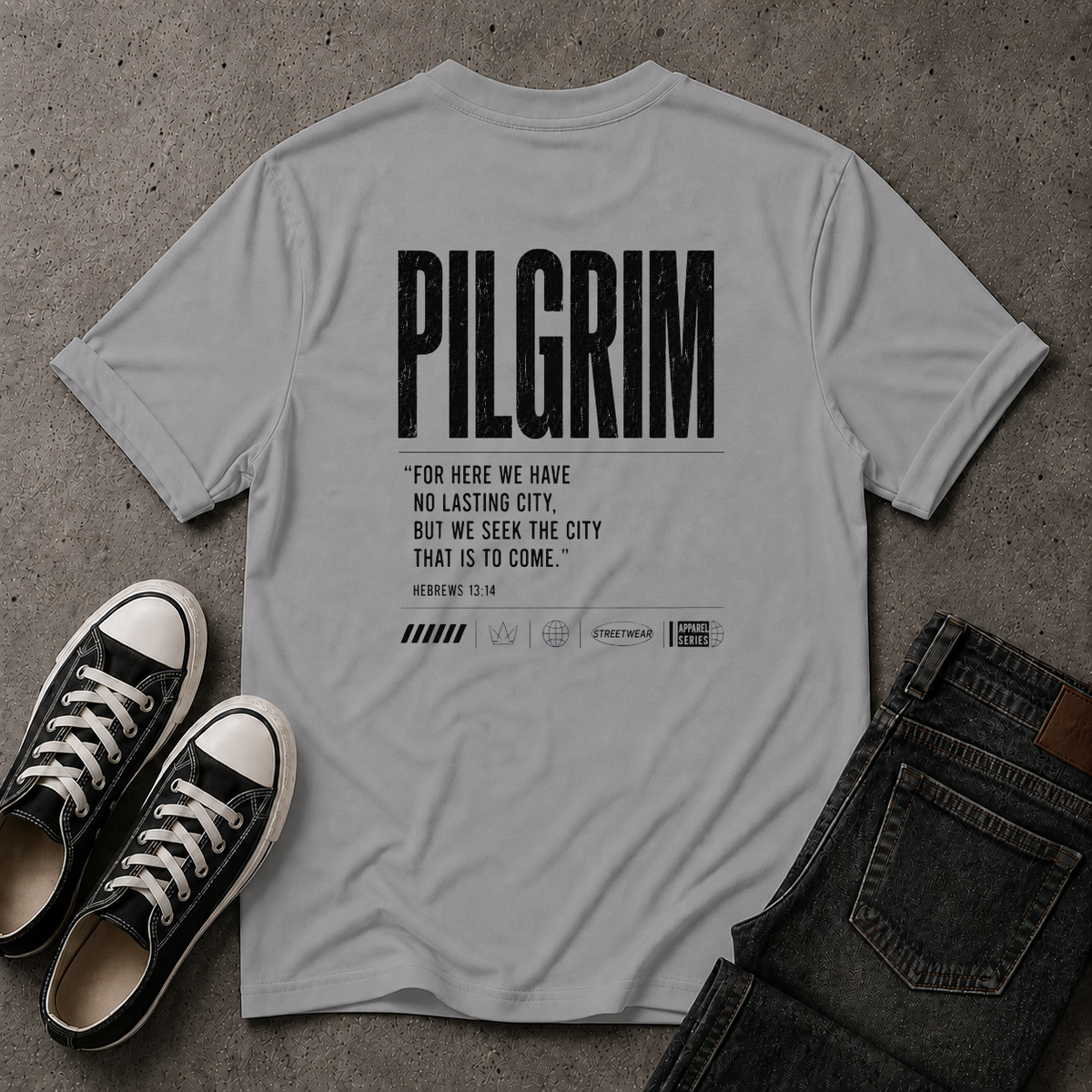 Pilgrim Christian T-Shirt – Hebrews 13:14 Scripture Tee (BACK DESIGN)