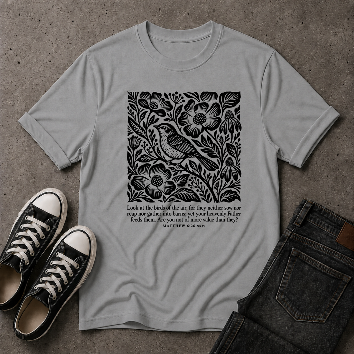 Look at the Birds Christian T-Shirt – Matthew 6:26 Scripture Tee (FRONT DESIGN)