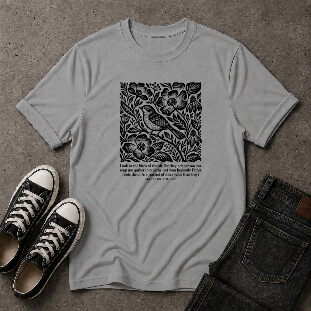 Matthew 6:26 T-Shirt – Look at the Birds Christian Tee (FRONT DESIGN)