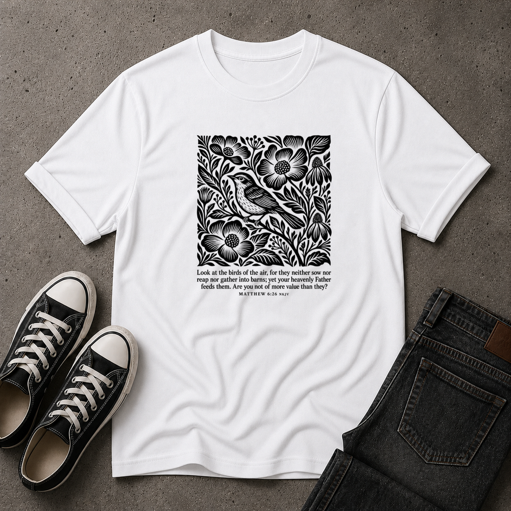 Matthew 6:26 T-Shirt – Look at the Birds Christian Tee (FRONT DESIGN)