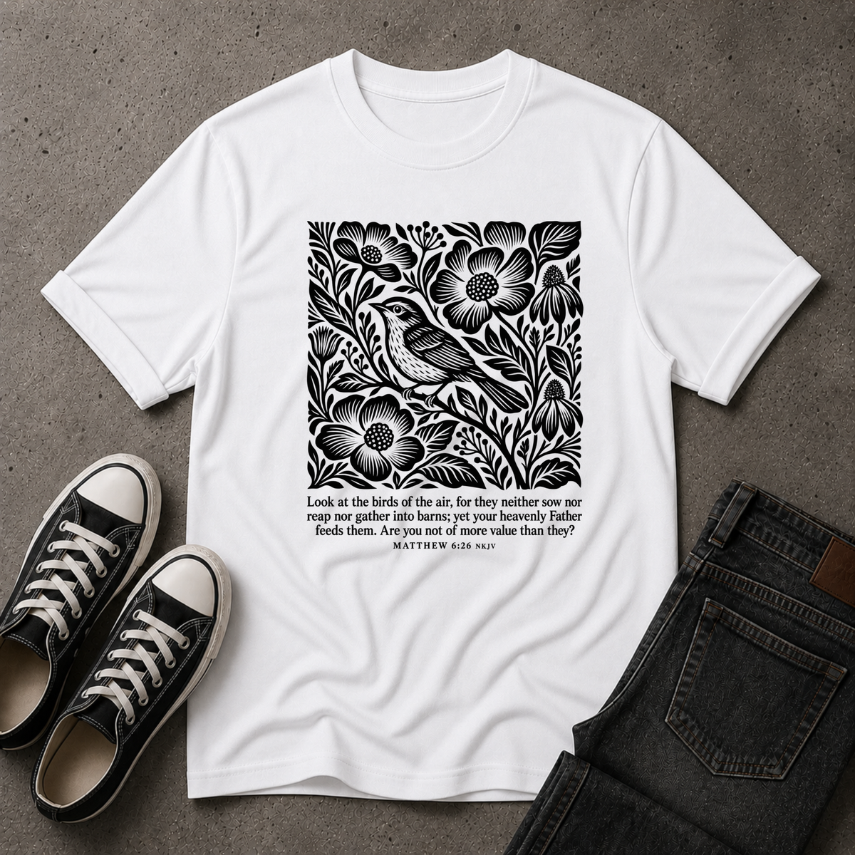 Look at the Birds Christian T-Shirt – Matthew 6:26 Scripture Tee (FRONT DESIGN)