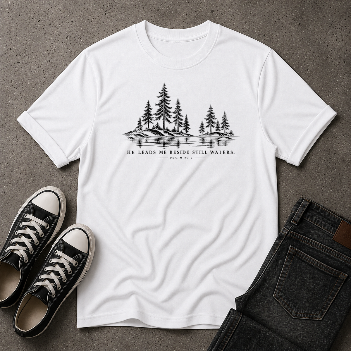 Still Waters T-Shirt | Psalm 23 Christian Tee (FRONT DESIGN)