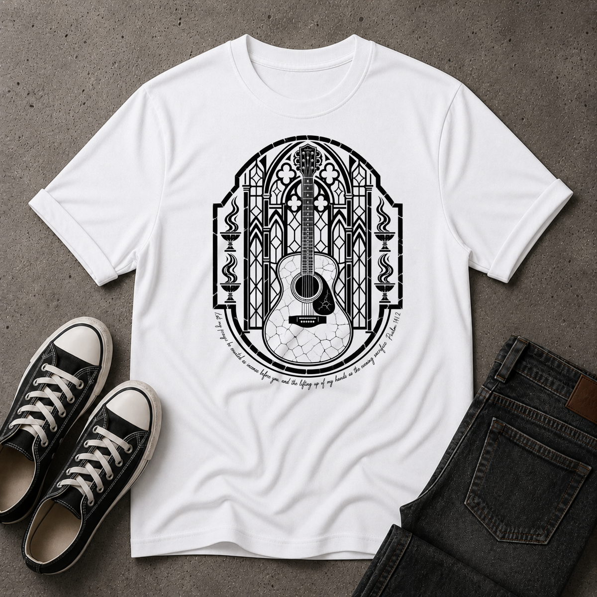 Christian Worship T-Shirt – Psalm 141:2 Guitar Scripture Tee (FRONT DESIGN)