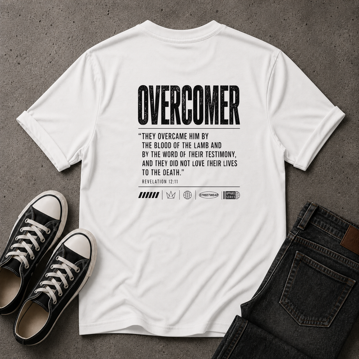 Overcomer Revelation 12:11 Christian T-Shirt – Bible Verse Tee (BACK DESIGN)