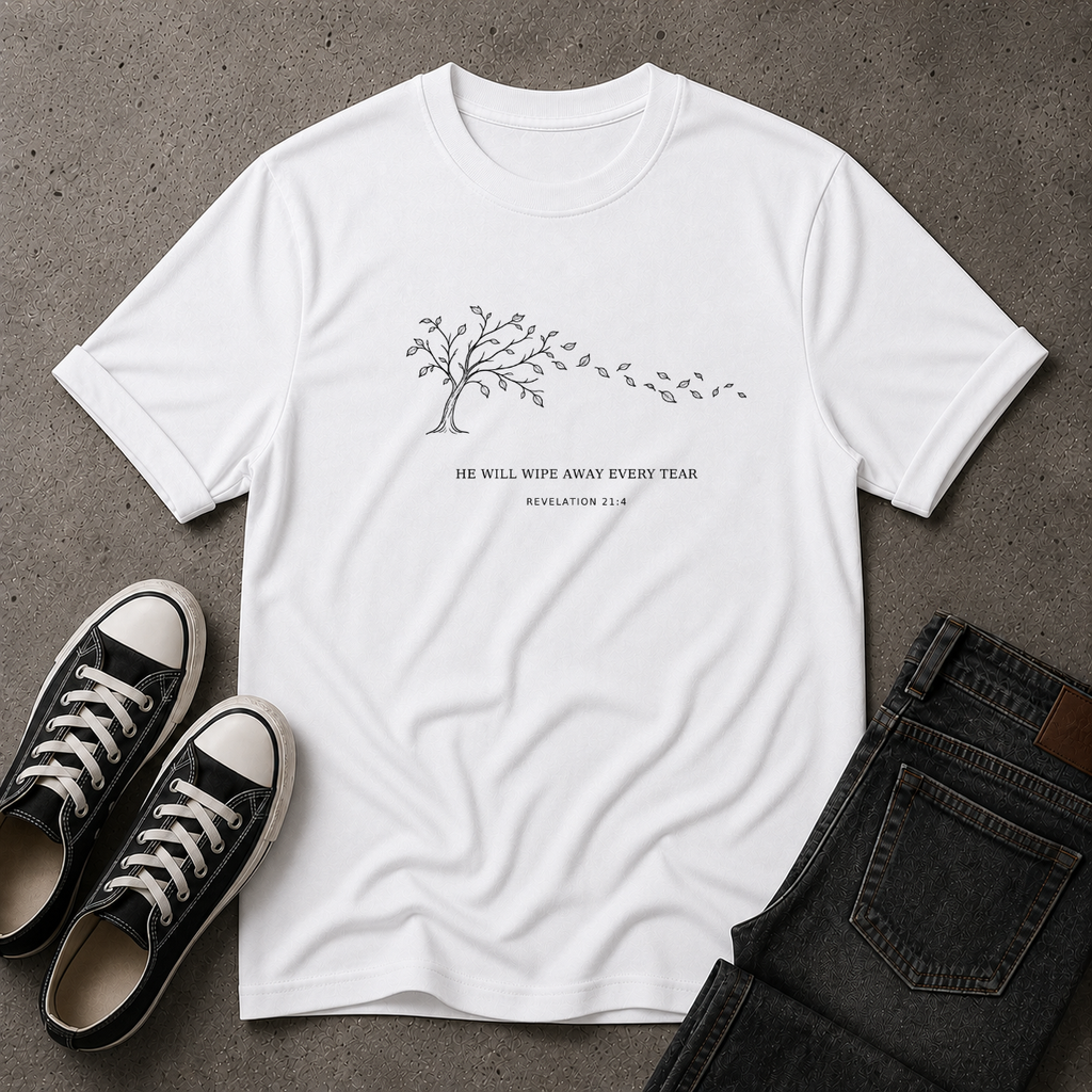 Revelation 21:4 T-Shirt – He Will Wipe Away Every Tear Christian Tee (FRONT DESIGN)