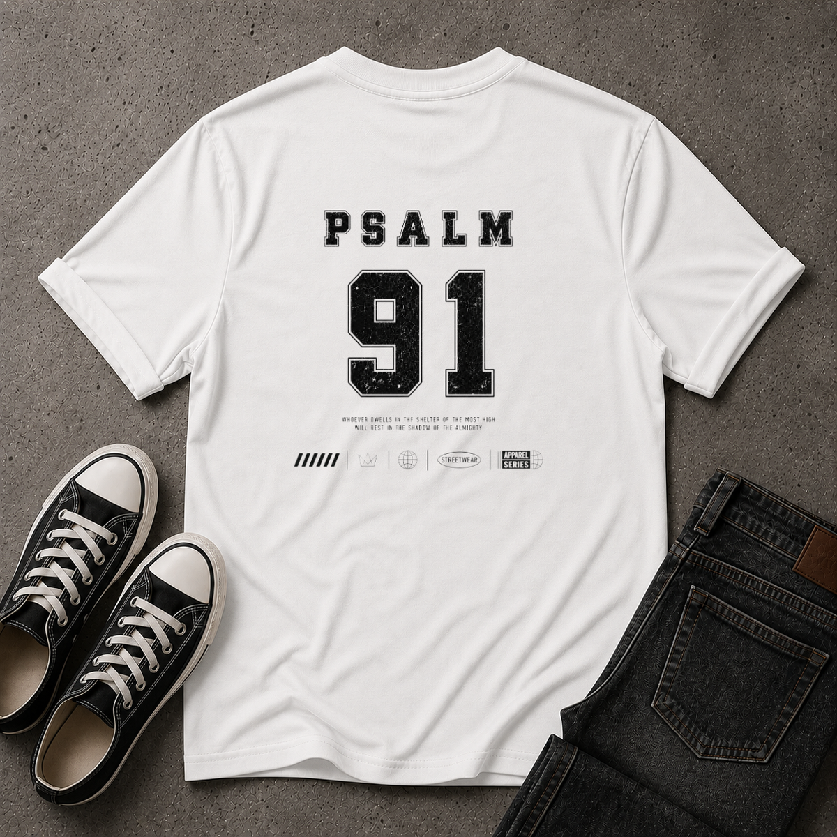 Psalm 91 T-Shirt – He Who Dwells Christian Scripture T-Shirt (BACK DESIGN)