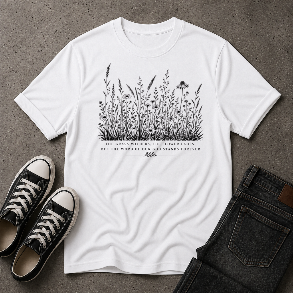 The Word Stands Forever T-Shirt | Isaiah 40:8 Christian Floral Tee (FRONT DESIGN)