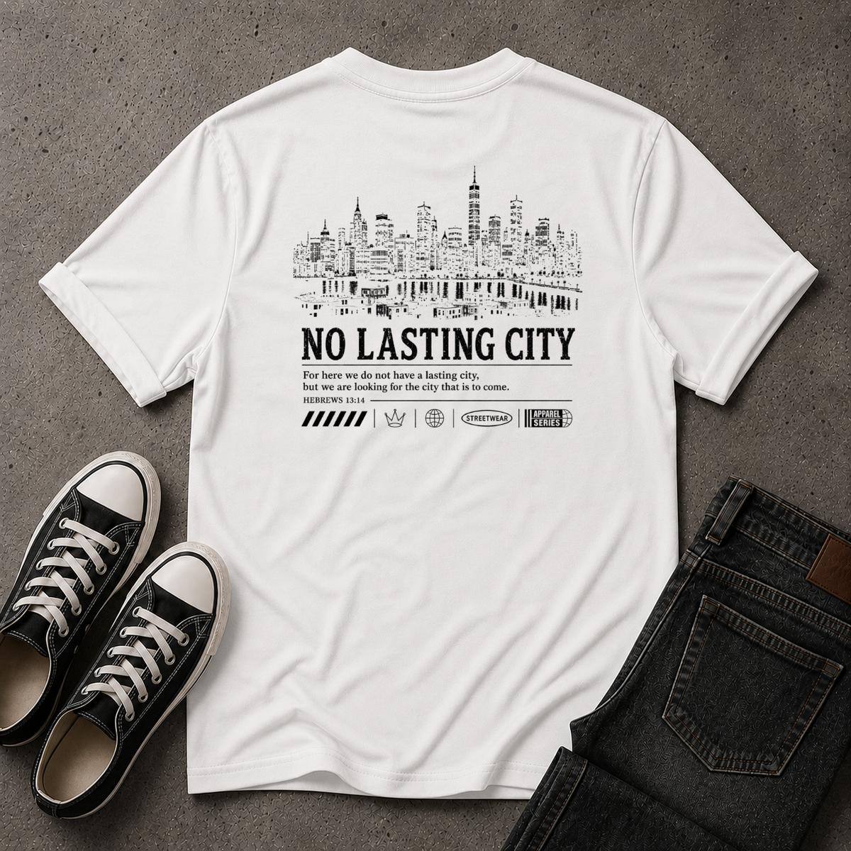 No Lasting City Christian T-Shirt – Hebrews 13:14 (BACK DESIGN)