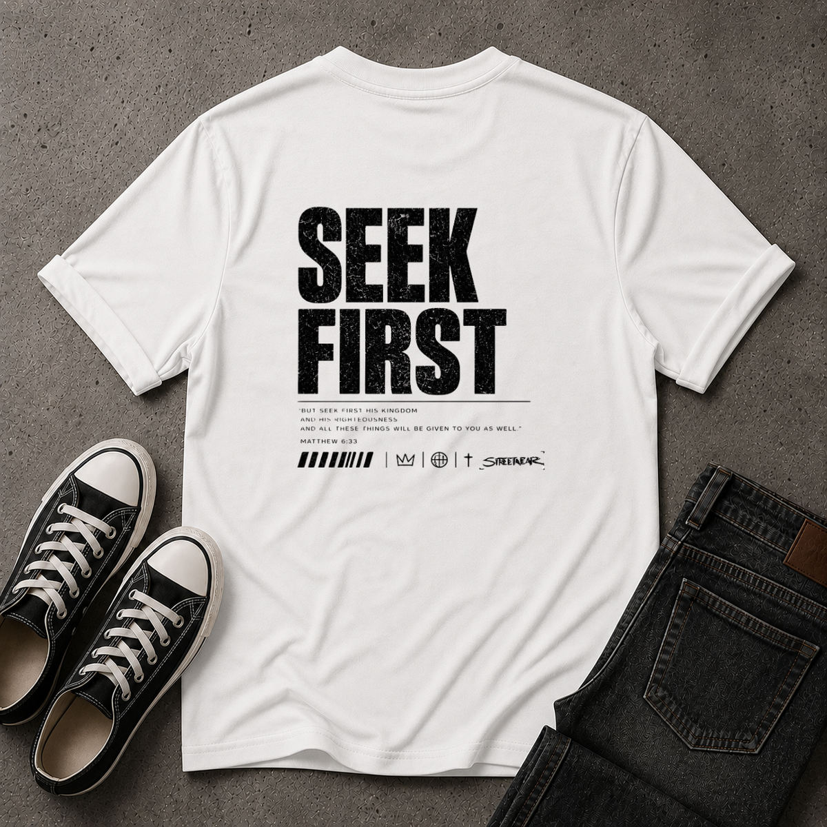 Seek First Christian T-Shirt – Matthew 6:33 – (BACK DESIGN)