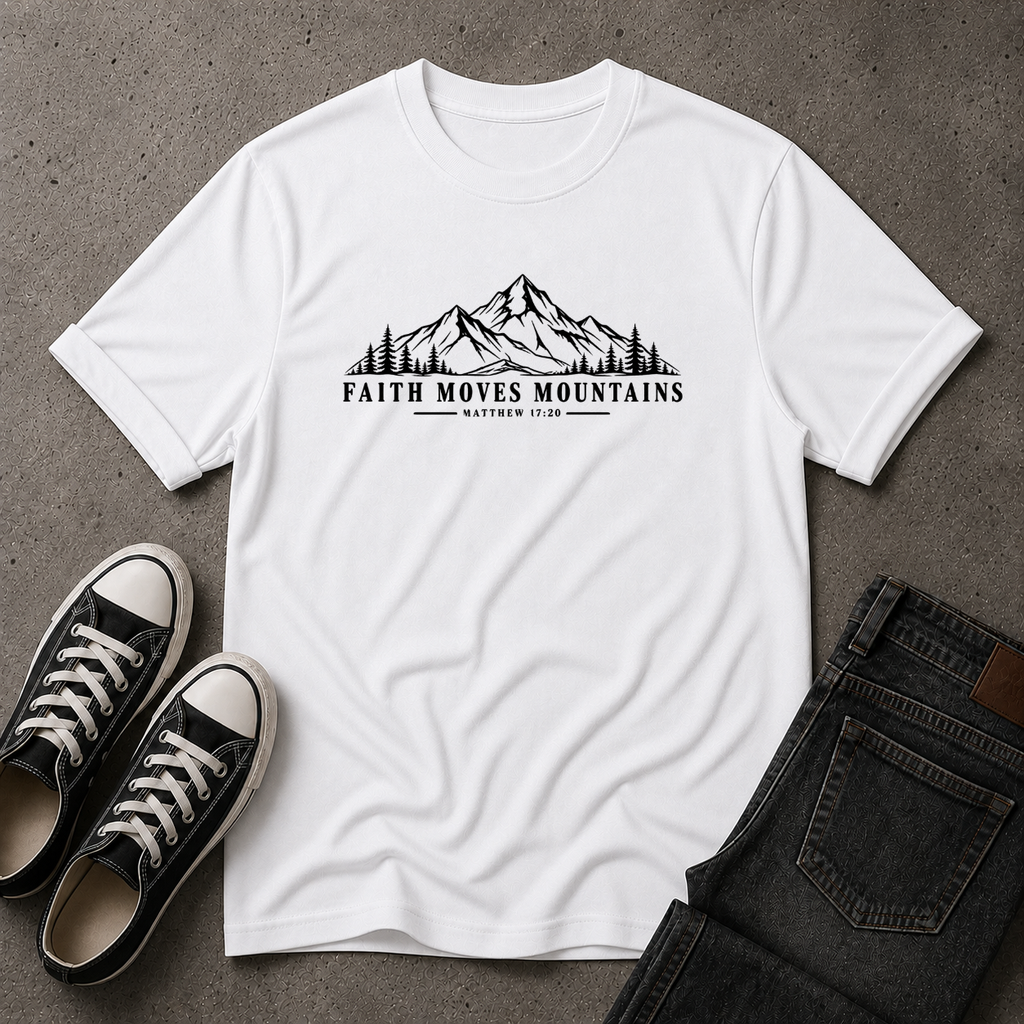 Faith Moves Mountains T-Shirt | Matthew 17:20 Christian Tee (FRONT DESIGN)
