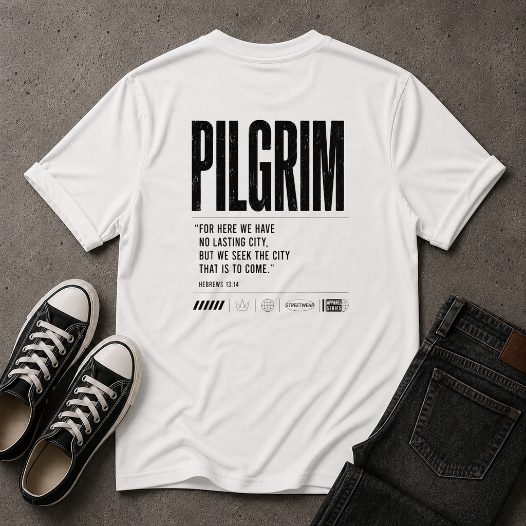 Pilgrim Christian T-Shirt – Hebrews 13:14 Scripture Tee (BACK DESIGN)