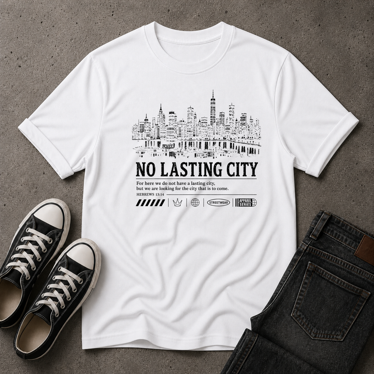 No Lasting City Christian T-Shirt – Hebrews 13:14 (FRONT DESIGN)