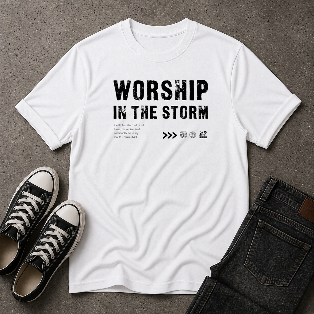 Worship in the Storm Christian T-Shirt – Psalm 34:1 (FRONT DESIGN)